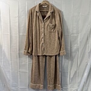Womens XL Pajama Set Brown Tan Loungewear Button Down Longsleeve Soft Pjs